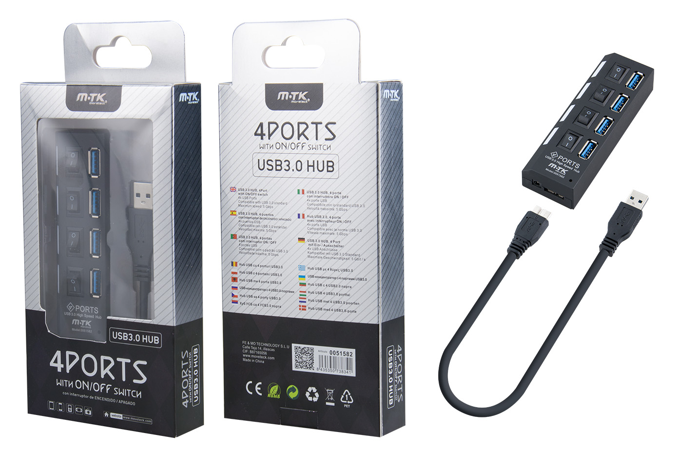 Hub 4 Puertos USB 3.0 Negro con Interruptor
