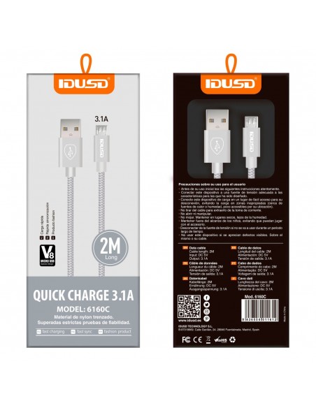 Cable Micro USB a USB Trenzado de Carga Rapida 3.1A 2m Plata